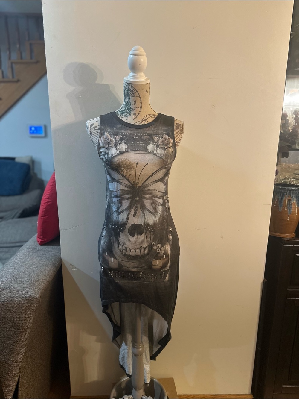 Religion Brand Sleeveless Gray Skull & Butterfly Tunic